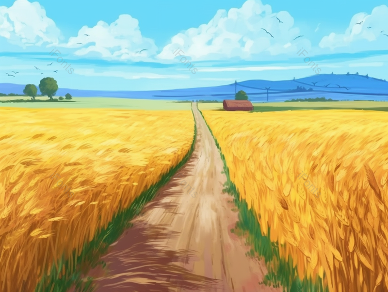 夏日蓝天白云自然风光芒种金色麦田插画农作物植物背景,插画/手绘图,插画/手绘图库,插画/手绘图下载,插画/手绘